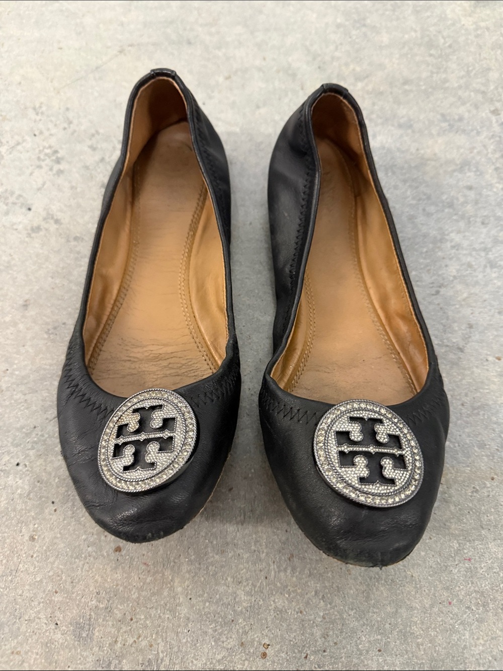 Tory Burch Black Leather Ballet Flats with Crystal Logo Medallion